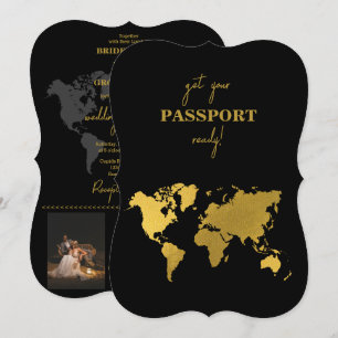 Reiseziel Hochzeit Weltpass Schwarz Gold Einladung