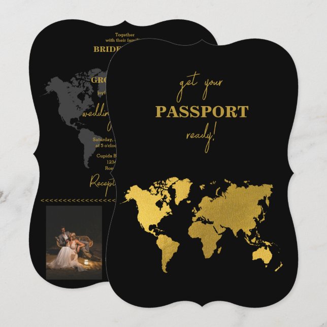 Reiseziel Hochzeit Weltpass Schwarz Gold Einladung (Vorne/Hinten)