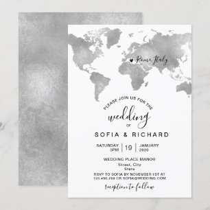 Reiseziel Weltkarte SILBER Entfernbares Herz Einladung