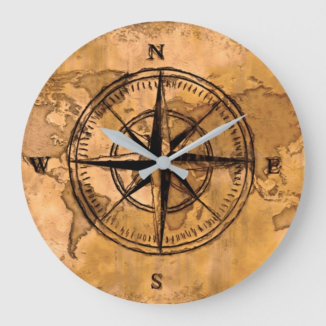 Reiseziele - Compass-Rose und Weltkarte Große Wanduhr (Vorderseite)