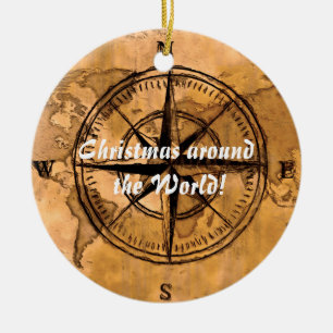 Reiseziele - Compass-Rose und Weltkarte Keramik Ornament