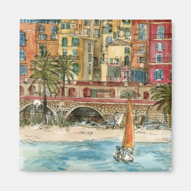 Reiseziele | Strand und Gebäude in Aquarellfarben Magnet (Vorne)