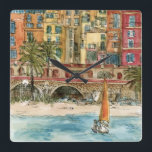 Reiseziele | Strand und Gebäude in Aquarellfarben Quadratische Wanduhr<br><div class="desc">Eine wunderschöne Aquarell- und Farbgestaltung, erstellt von der brillanten Melissa Wang, die Ihnen von der World Art Group zur Verfügung gestellt wurde. Im Vordergrund dieses Stückes sehen wir ein kleines Segelboot direkt vor der Küste einen kleinen Strand, bevölkert von einer Reihe von Gegenständen, Menschen und Palmen. Diese Szene könnte in...</div>