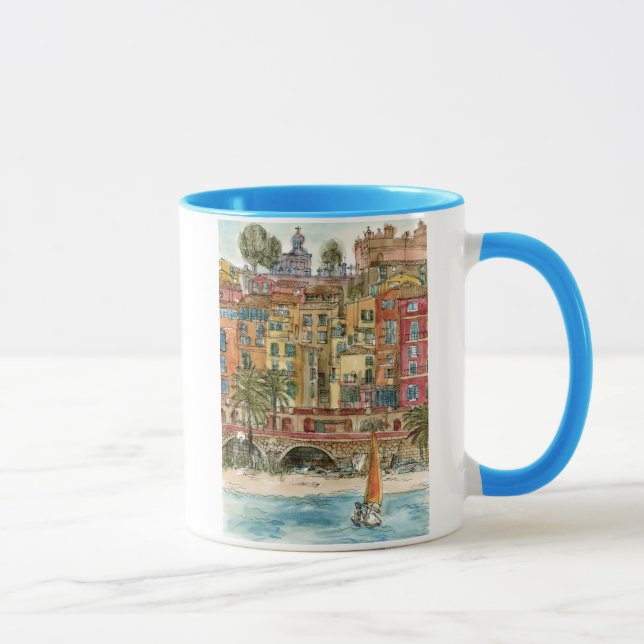 Reiseziele | Strand und Gebäude in Aquarellfarben Tasse (Rechts)