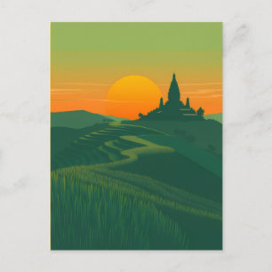 Reisfelder in Terrassen und Tempel im Sonnenunterg Postkarte