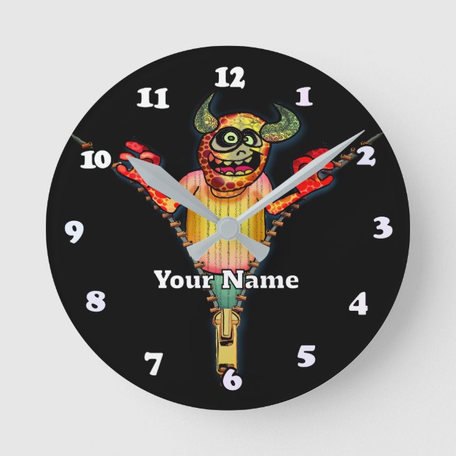 Reißverschluss-Monster Runde Wanduhr (Vorderseite)