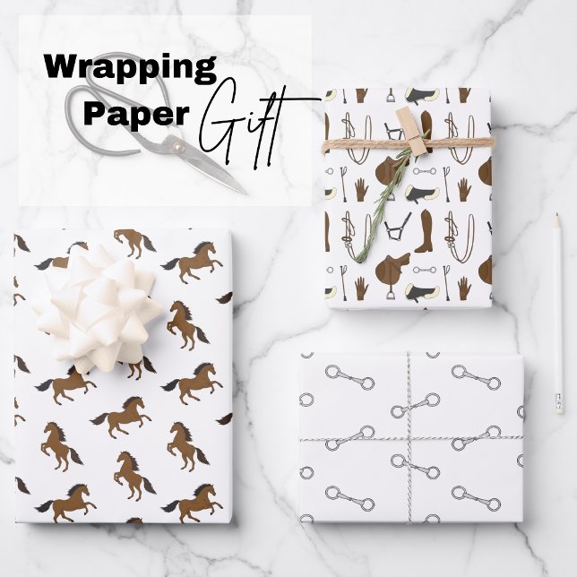 Reiten Geschenkpapier Set (Horses, bits and horseback riding material, three designs)