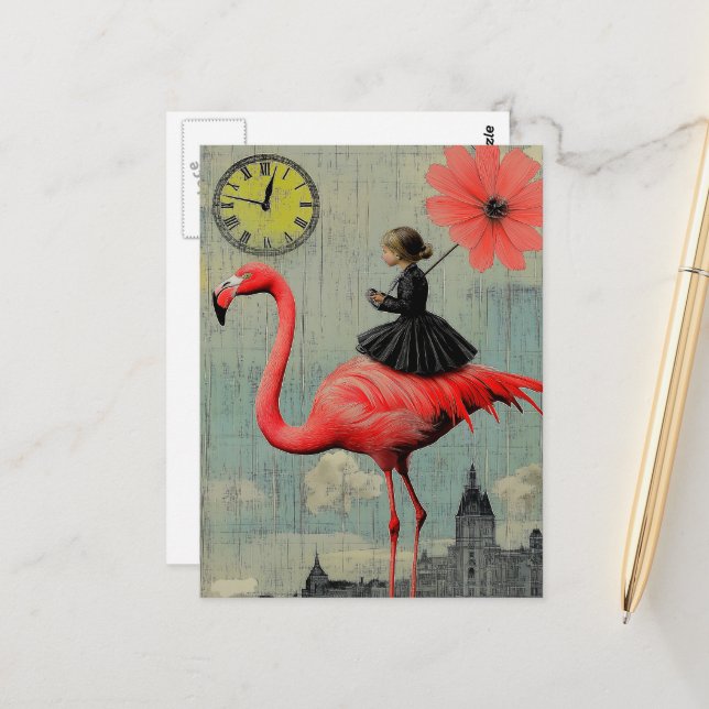 Reiten in einem rosa Flamingo Postkarte (Vorderseite/Rückseite Beispiel)