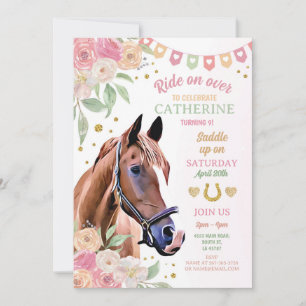 Reiten Party Pink Pony Blume Girls - Urlaub Einladung