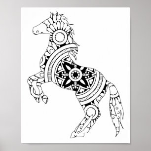 Reiter Mandala Zurück und Weiße Silhouette Zeichne Poster