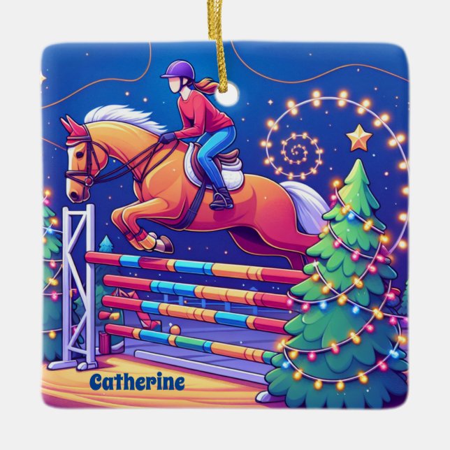 Reitfrauen Jumping Pferd Weihnachten Keramikornament (Vorderseite)