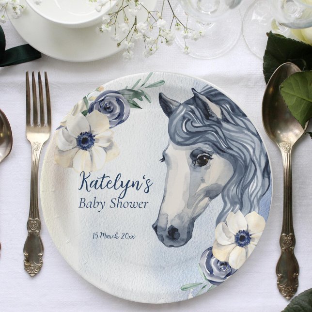 Reitmädchen mit Baby-Duschgeschirr Pappteller (Horse themed baby shower personalized plates beautiful watercolor horse portrait with flowers)