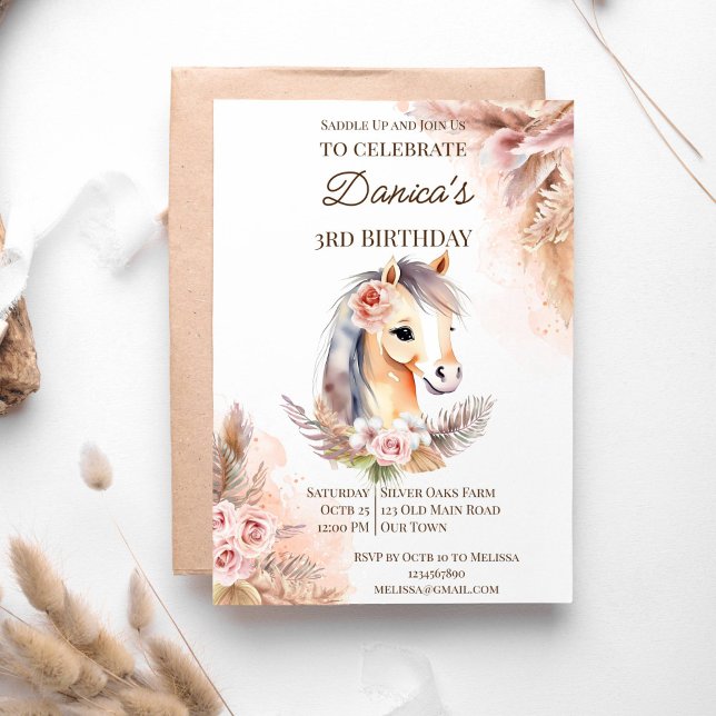 Reitpferd Pferde pony Geburtstagsparty Einladung (Saddle up horses cowgirl birthday party template invitation instant download boho pampas grass)