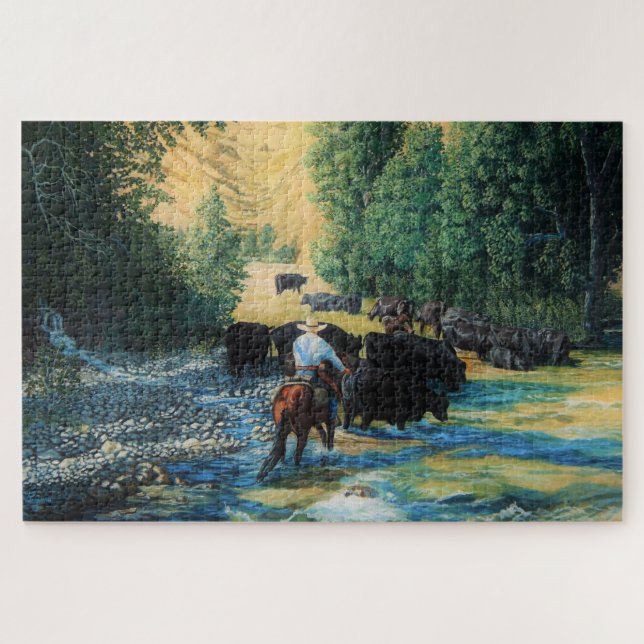 Reitpferd und Angus-Rinderherd und Fluss Puzzle (Horizontal)