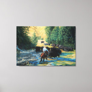 Reitpferd und Angusrinder und Fluss Leinwanddruck