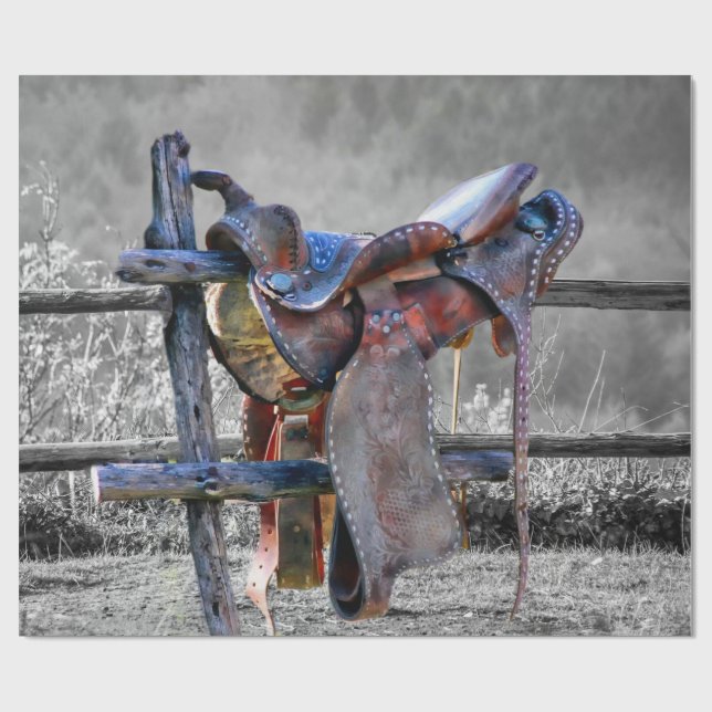 Reitsattel auf dem Corral Fence Western Geschenkpapier (Flach)