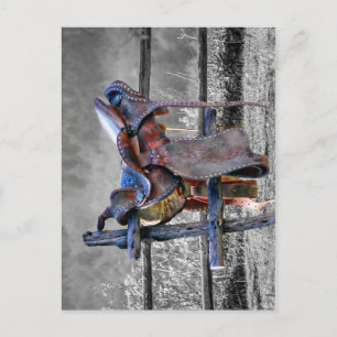 Reitsattel auf dem Corral Fence Western Postkarte