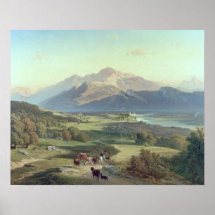 Reitsport mit seinem Rind in einem Berg Poster