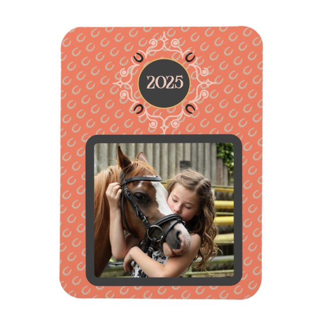 Reittier Custom Text Lucky Horse Shoe Foto Magnet (Vertikal)