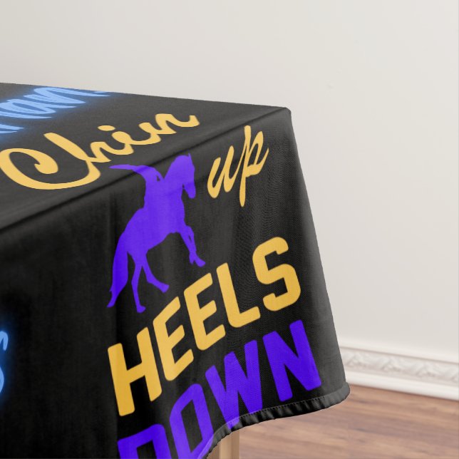 Reittiere versinken Heelse in blau-gelb Tischdecke (Beispiel)