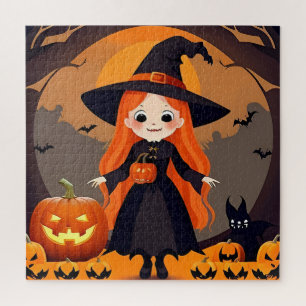 Reizende Hexe in einem Halloween-Szenario mit Kürb Puzzle