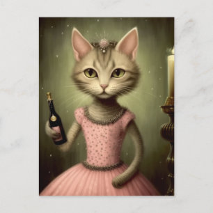 Reizende Katze in Rosa mit Champagnerflasche Postkarte