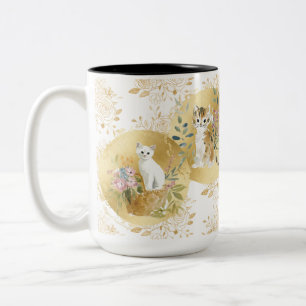 Reizende Katzen Tasse Gold Weiß Wasserfarbe 15 oz