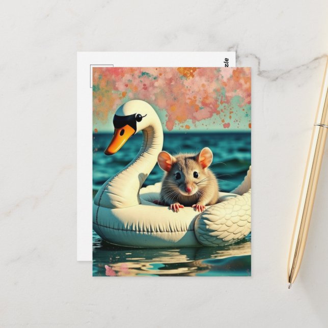 Reizende Maus auf einem Schwan-Tauchkörper Postkarte (Vorderseite/Rückseite Beispiel)