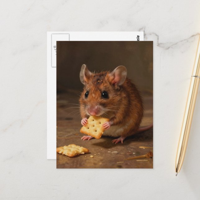 Reizende Maus beim Essen Postkarte (Vorderseite/Rückseite Beispiel)