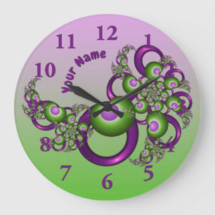 Reizende Pinke Grüne Herzen Moderne Fractal Name Große Wanduhr