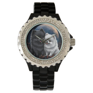 Reizende schwarze und weiße Pomeranian-Welpen Armbanduhr