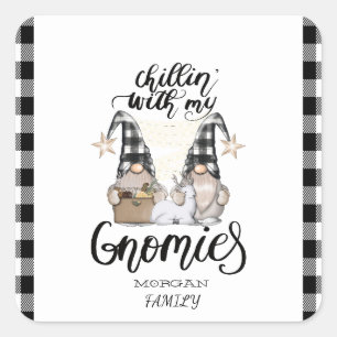 Reizende süße Gnome schwarzes Büffelkaromuster Quadratischer Aufkleber