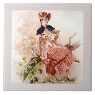 Reizende Vintage-Dame im rosa Kleid Fliese