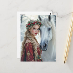 Reizende Weihnachtsfrau und Pferd Postkarte