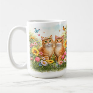 Reizende Zwillinge Orange Tabby Katzen mit Blumenk Kaffeetasse