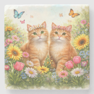 Reizende Zwillinge Orange Tabby Katzen mit Blumenk Steinuntersetzer