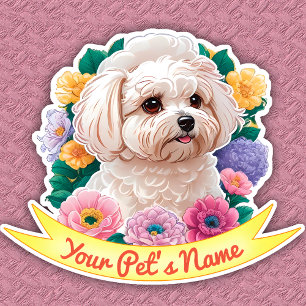 Reizender Bichon Frisé, gelbe, rosa und violette B Aufkleber