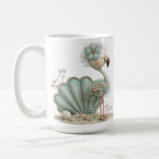 REIZENDER BLAUER FLAMINGO AM STRAND MIT SUNCASTLE KAFFEETASSE (Links)