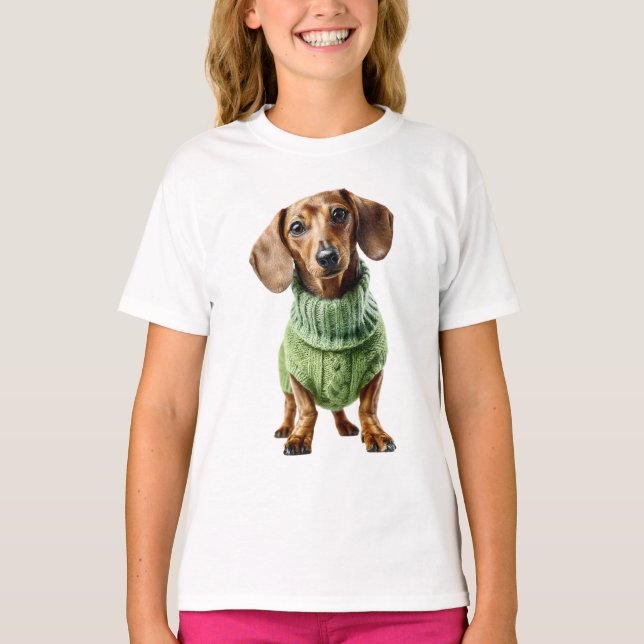 Reizender Dachshund in grünem Pullover für Kinder (Vorderseite)