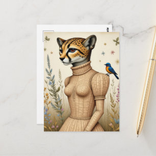 Reizender Gepard im Birkenrindenkleid mit Blaumeis Postkarte