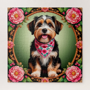 Reizender Hund, umrahmt von farbenfrohen Blumen Puzzle