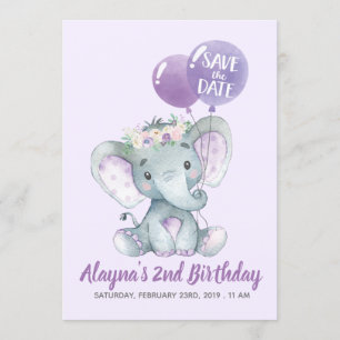 Reizender Lavendel-Elefant mit lila Ballonen Einladung