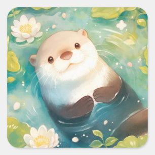 Reizender Otter-Aufkleber mit Wasserlilien Quadratischer Aufkleber