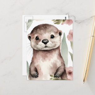 Reizender Otter mit rosa Blumen Postkarte