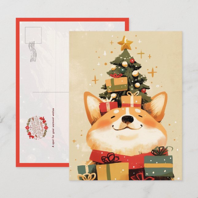 Reizender walisischer Corgi mit Weihnachtsgeschenk Postkarte (Vorne/Hinten)