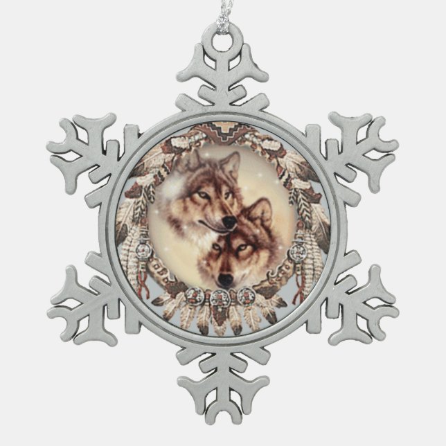 reizender Weihnachtsbaum oder ein dekorative Wolf Schneeflocken Zinn-Ornament (Vorderseite)