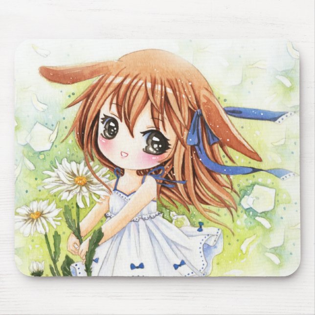 Reizendes Animemädchen mit Gänseblümchen Mousepad (Vorne)