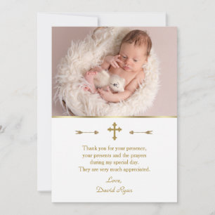 Reizendes Baby-Foto Goldkreuz Taufe Dankeskarte