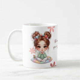 Reizendes Chibi-Mädchen sitzt auf einem Kissen mit Kaffeetasse
