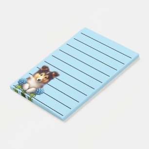 Reizendes Collie-Welpe mit blauen Blumen  Post-it Klebezettel
